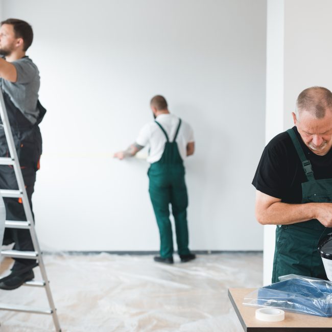 Professional renovation crew painting walls of new build apartment